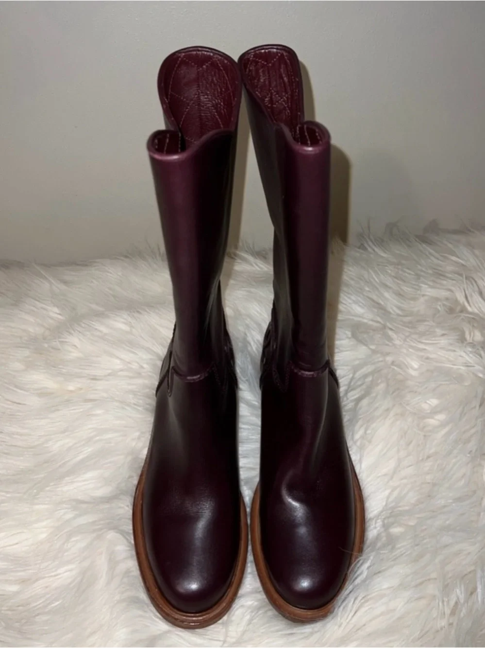 CHANEL Burgundy Leather Mid-Calf Logo Boot